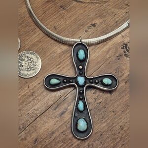 Huge Signed Navajo Sterling Turquoise Cross Pendant